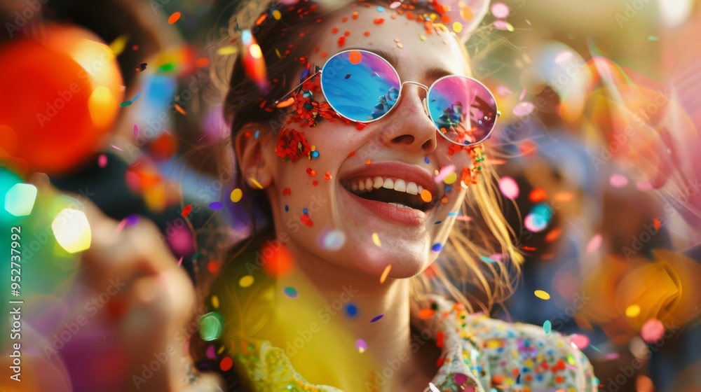 Joyful woman at carnival throwing rainbow confetti Joyful woman at carnival throwing rainbow confetti