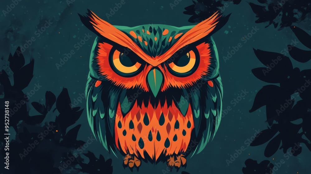 Fototapeta premium Vibrant owl illustration with colorful details and intricate patterns, set against a dark forest background, creating a mysterious ambiance.