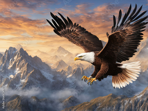 A majestic bald eagle soars through the sky with majestic mountain peaks and a colorful sunset in the background.