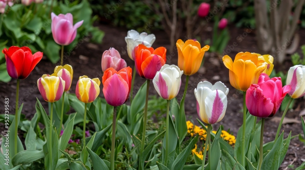 Fototapeta premium Garden blooms with tulips.