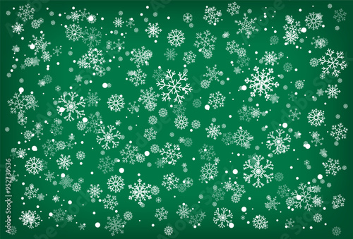 White snowflakes on green background for Christmas or winter holiday vector illustration stock illustration