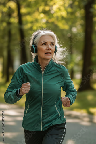 Active Senior Woman Jogging Outdoors. Senior woman jogging in park with headphones for fitness and health.