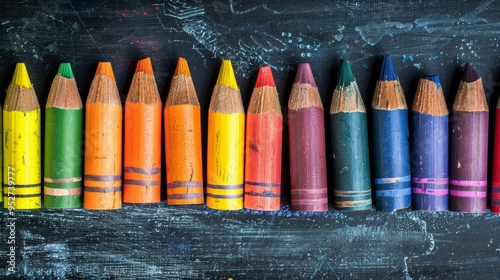 Multi-colored crayons lined up on a blackboard,