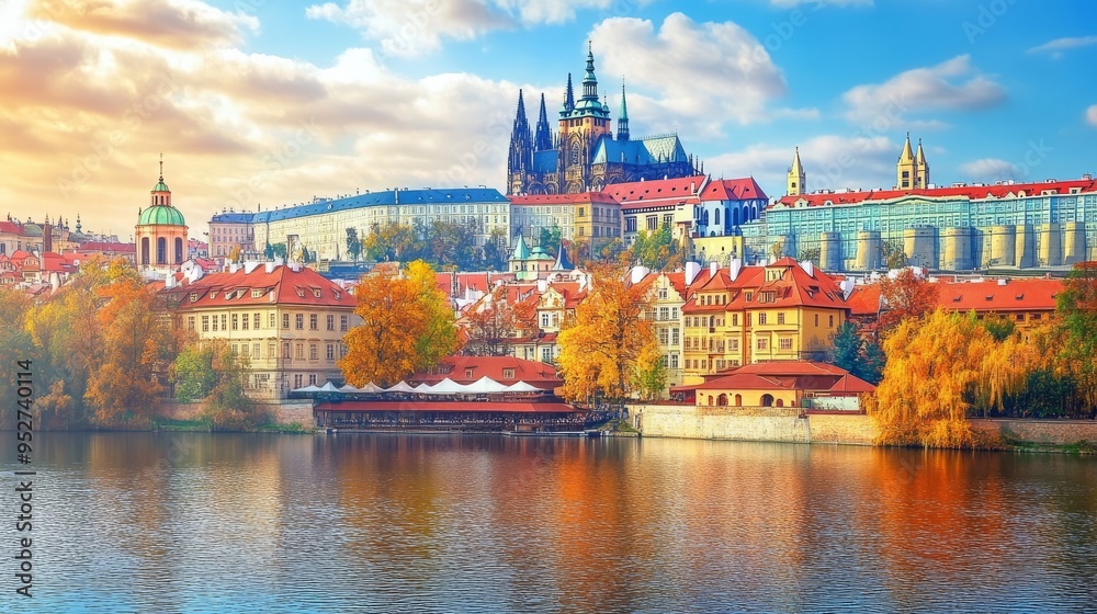 Naklejka premium Prague Castle above Vltava River, autumn
