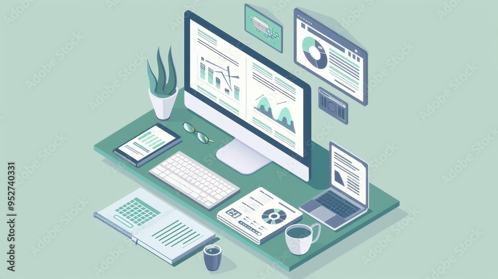 Modern office workspace with computer, tablet, and notebook displaying charts and graphs. Minimalist design for productivity and analysis. Modern office workspace with computer, tablet, and notebook displaying charts and graphs. Minimalist design for productivity and analysis.