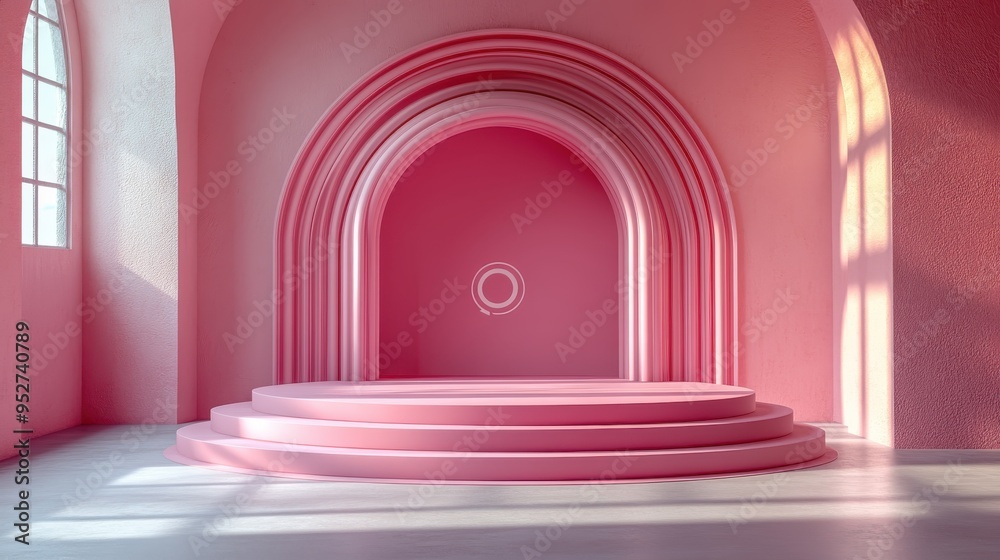 Abstract minimal pink background 3D render empty cylindrical podium or rounded stage blank mockup space for product display showcase futuristic platform. Abstract minimal pink background 3D render empty cylindrical podium or rounded stage blank mockup space for product display showcase futuristic platform.