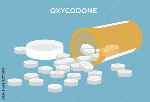 Oxycodone narcotic pills 5 milligram medicine drug tablets with orange prescription bottle stock illustration
