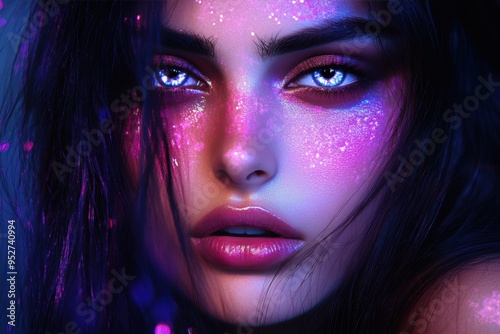 Mystical beauty portrait with vibrant glitter makeup