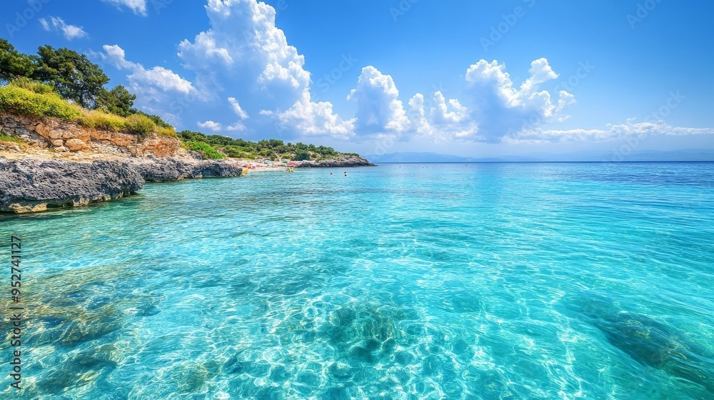 Fototapeta premium Ksamil boasts an alluring coastline against the turquoise Ionian Sea.