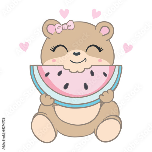 Cute Teddy bear cartoon eating watermelon, Cartoon bear in summer holiday, vector cartoon illustration