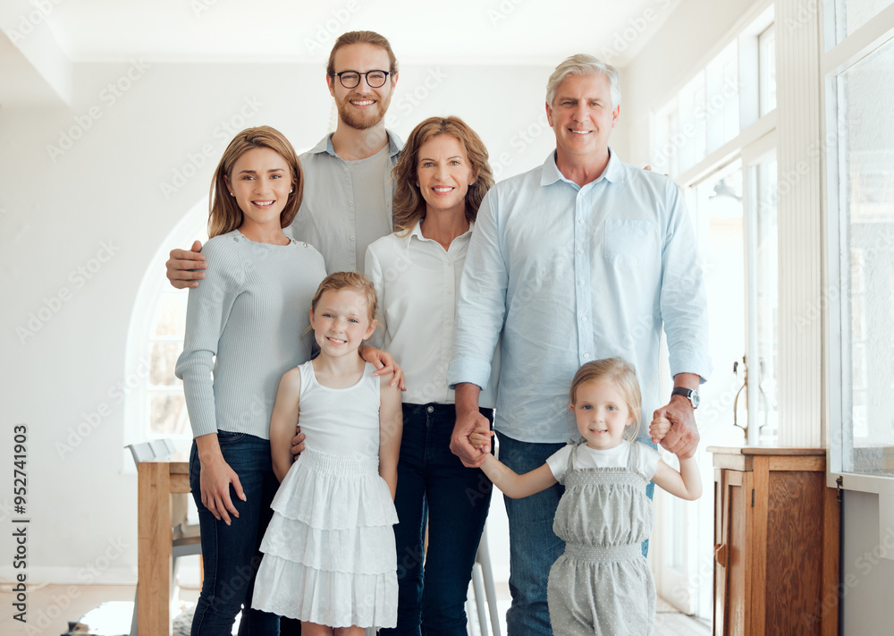 Holding hands, portrait and smile of big family in home together for bonding, love or visit. Retirement, security or trust with happy senior people, parents and children in apartment for safety Holding hands, portrait and smile of big family in home together for bonding, love or visit. Retirement, security or trust with happy senior people, parents and children in apartment for safety