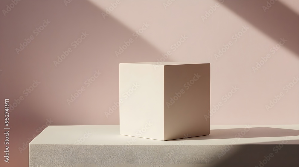A minimalist square sculpture with a matte finish, placed on a smooth white surface, with shadows creating depth, against a pastel-colored backdrop A minimalist square sculpture with a matte finish, placed on a smooth white surface, with shadows creating depth, against a pastel-colored backdrop