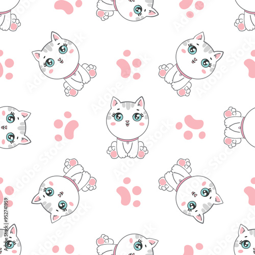 Cute kawaii little cat. Seamless pattern. Cartoon funny kitty, animals character. Hand drawn style. Vector drawing. Design ornaments.