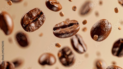Roasted coffee beans flying against a light beige background with copy space
