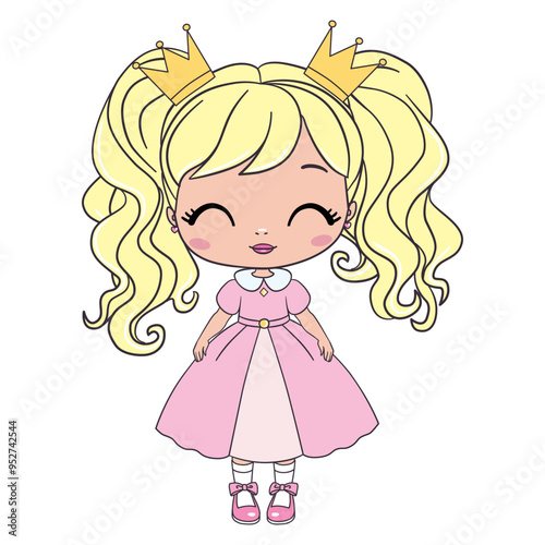 The princess is a sweet little princess. A hand-drawn beautiful, pretty, romantic curly-haired girl Princess. Vector illustration.