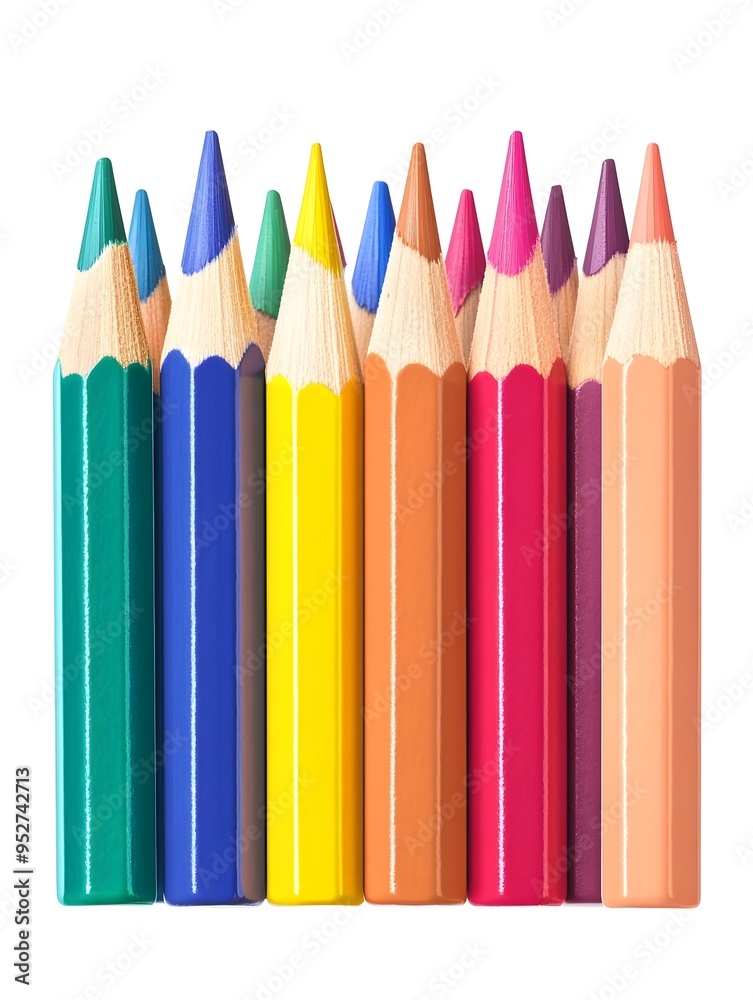 A Vibrant Arrangement of Colored Pencils Showcased on a Clean White Background A Vibrant Arrangement of Colored Pencils Showcased on a Clean White Background