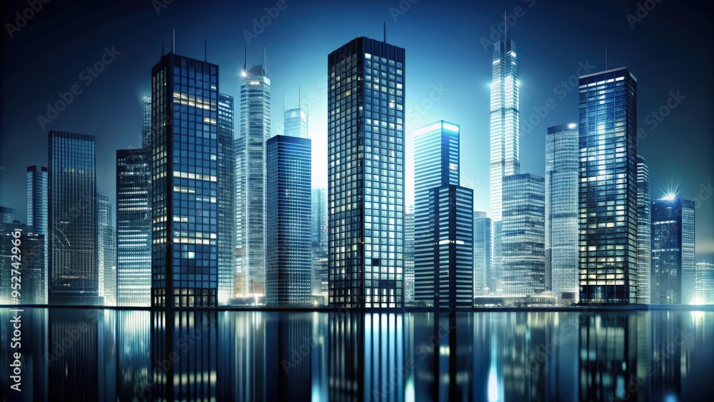 Obraz premium Glass silhouettes of modern skyscrapers illuminated at night , cityscape, urban, tall buildings, skyline