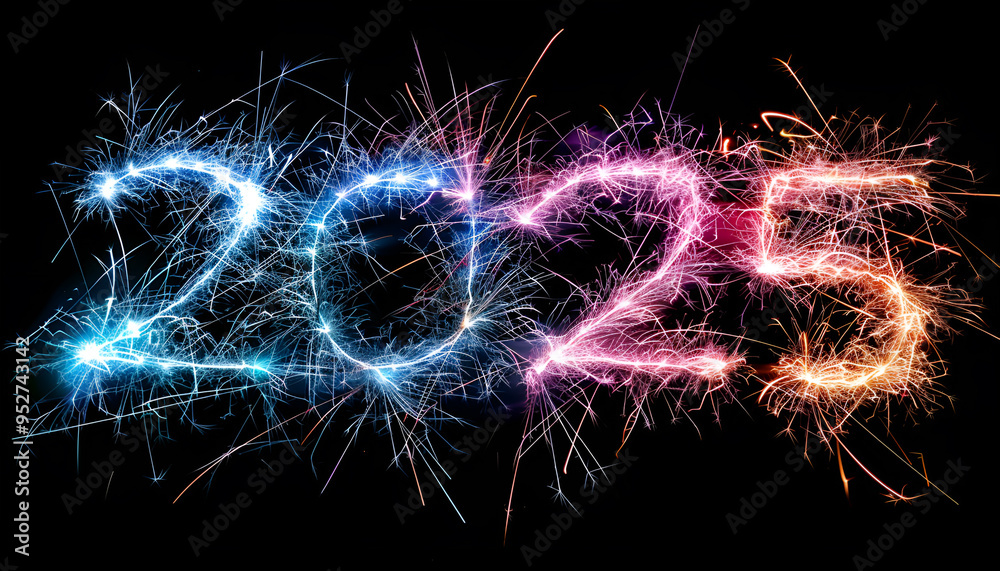 New Year 2025 light. Sparklers draw figures 2025. Bengal lights and letter New Year 2025 light. Sparklers draw figures 2025. Bengal lights and letter