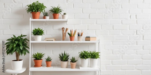 A white shelf adorned with various indoor plants in pots against a white brick wall, creating a minimalist decor style.
