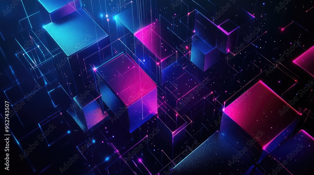 A digital abstract background with 3D geometric shapes in blue and purple gradients, creating a futuristic look. A digital abstract background with 3D geometric shapes in blue and purple gradients, creating a futuristic look.