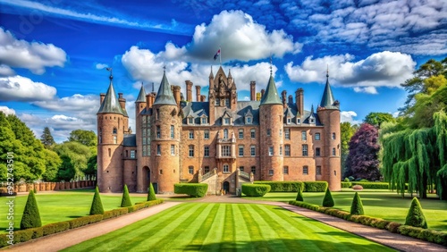 Glamis Castle in Scotland on a summer day, surrounded by lush greenery and blue skies, Glamis Castle, Scotland, summer photo