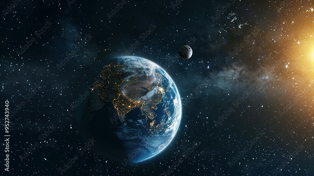 Fototapeta premium Earth, Moon, and Stars in a Dark Cosmic Landscape