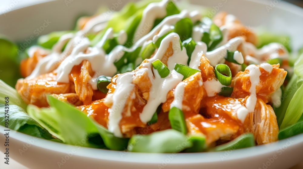 Close-up of a delicious buffalo chicken salad with a drizzle of ranch dressing and garnished with green onions, set against a clean backdrop Close-up of a delicious buffalo chicken salad with a drizzle of ranch dressing and garnished with green onions, set against a clean backdrop