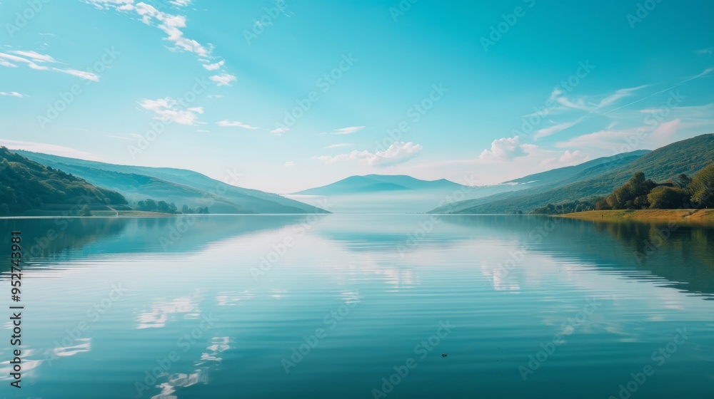 Serene lake with a clear sky mirrored perfectly in the water Serene lake with a clear sky mirrored perfectly in the water