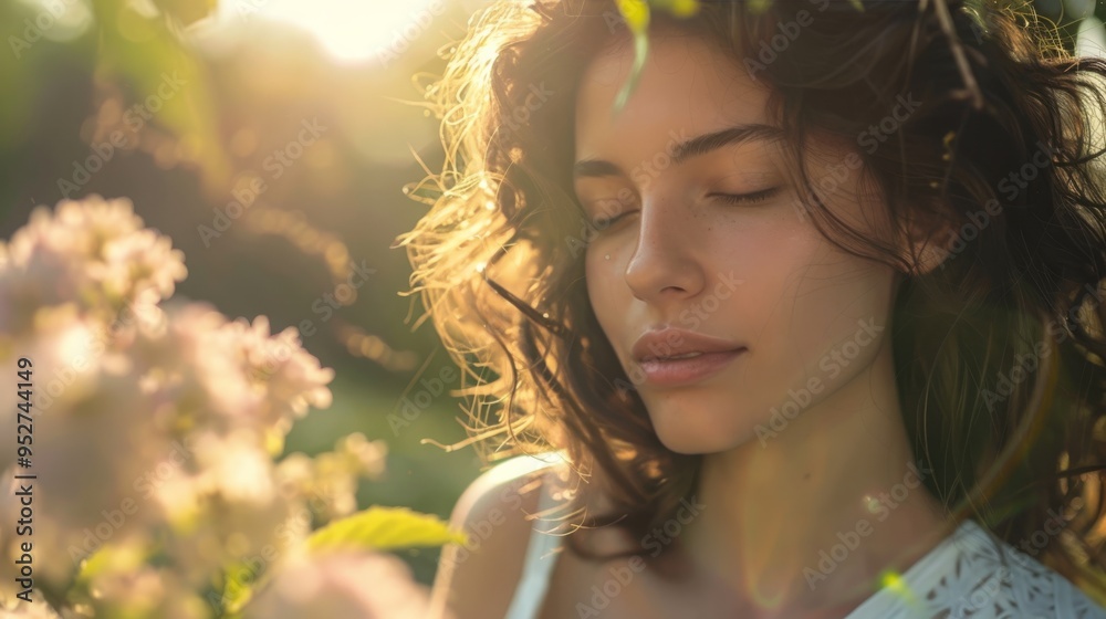 Serene woman in nature, soft focus, park setting, Serene woman in nature, soft focus, park setting,