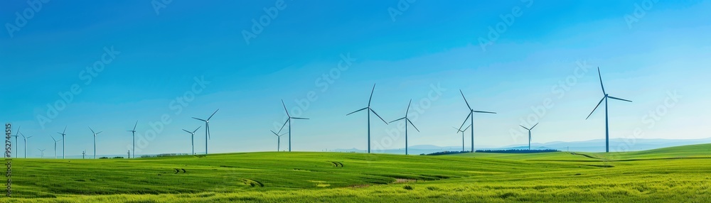 Panoramic view of a wind farm with multiple wind turbines generating clean energy in a green field under a clear blue sky. Panoramic view of a wind farm with multiple wind turbines generating clean energy in a green field under a clear blue sky.