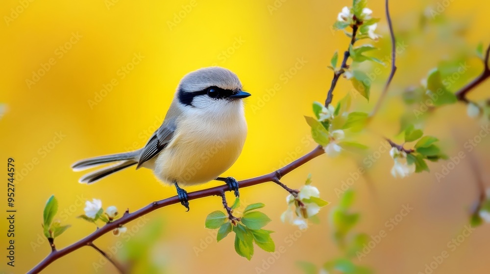 Obraz premium Pretty bird. Green branches. Yellow background.