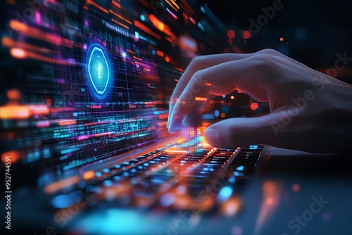 Create a digital illustration with AI visible on a screen and a hologram data icon A hand is shown pressing a key on a laptop keyboard in a dark
