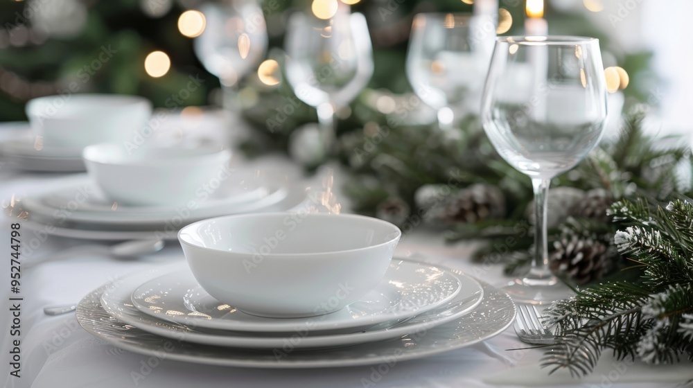 Snowy themed table with white dishes and evergreen branches Snowy themed table with white dishes and evergreen branches