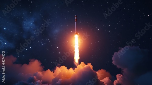 Rocket Launch Through Clouds at Night with Stars