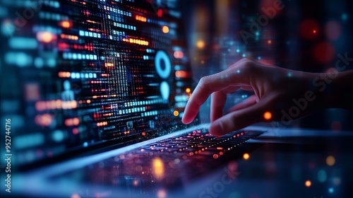 Create a hightech digital image featuring AI on a screen and a business technology icon hologram A hand is interacting with a laptop keyboard