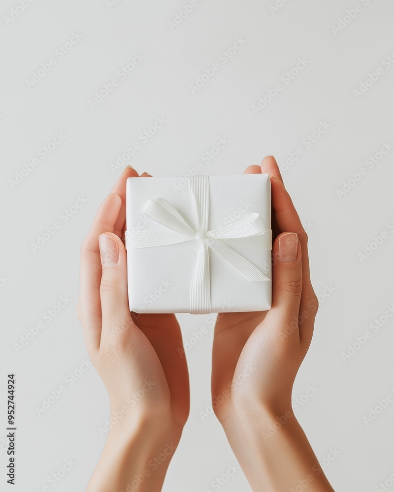 Photo of hands receiving white gift on white background showing natural and clean aesthetics Photo of hands receiving white gift on white background showing natural and clean aesthetics