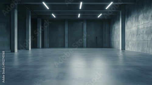 An empty warehouse with polished concrete floors and walls, showcasing ample copy space for text or graphics