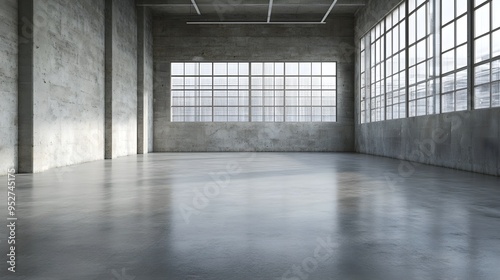 An empty warehouse with polished concrete floors and walls, showcasing ample copy space for text or graphics