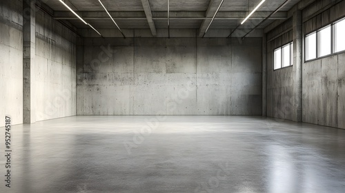 An empty warehouse with polished concrete floors and walls, showcasing ample copy space for text or graphics