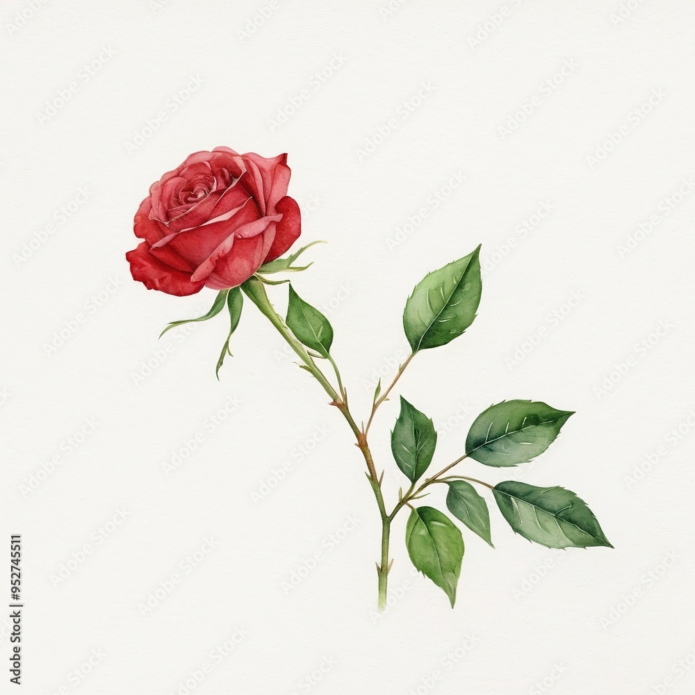 Obraz premium A single red rose with green leaves, depicted in a watercolor painting style.