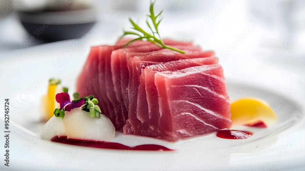 A close-up of a fresh tuna slice arranged elegantly on a white plate, showcasing its rich red color and delicate marbling A close-up of a fresh tuna slice arranged elegantly on a white plate, showcasing its rich red color and delicate marbling