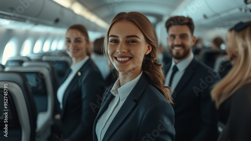 A smiling flight attendant in uniform stands in the aircraft cabin along with other crew members, who also look friendly. They are all dressed in elegant suits, ready to serve passengers