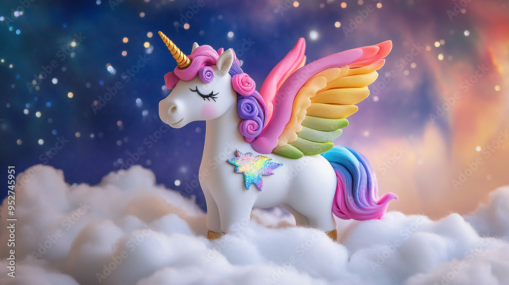 Naklejka premium A white unicorn with rainbow wings and a star on its side stands on clouds against a backdrop of stars and a colorful galaxy.