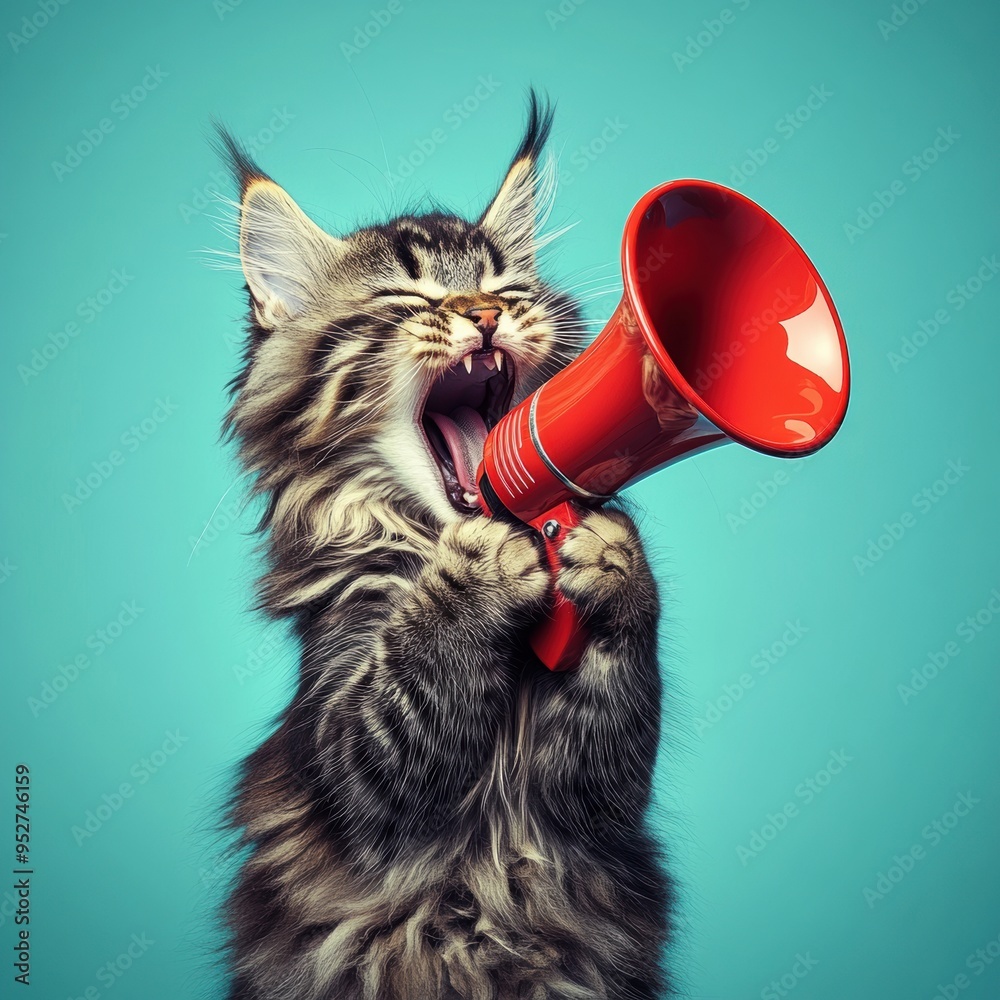 Fototapeta premium Furry announcer: kitten with red megaphone on teal background