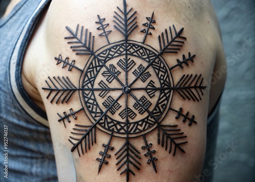 Ancient tribal runes and geometric patterns create intricate Nordic symbols on the skin, etching stories of heritage and cultural identity. photo