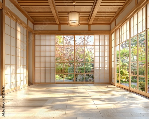 Sunlight Streams Through Shoji Screens in a Tranquil Japanese Room with a View of a Lush Garden Tatami