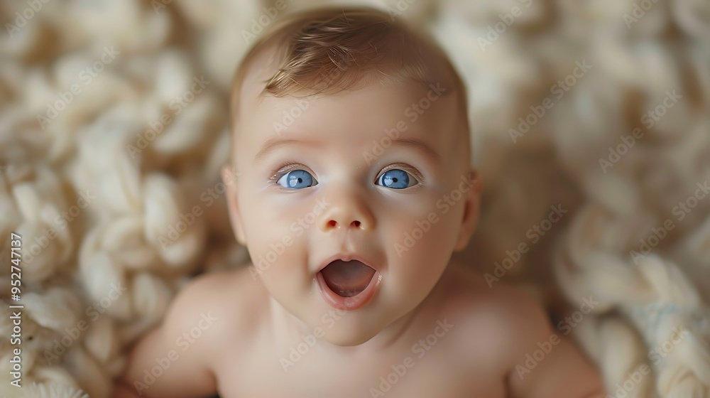 A baby with big blue eyes looks up with a wide-mouthed expression. A baby with big blue eyes looks up with a wide-mouthed expression.
