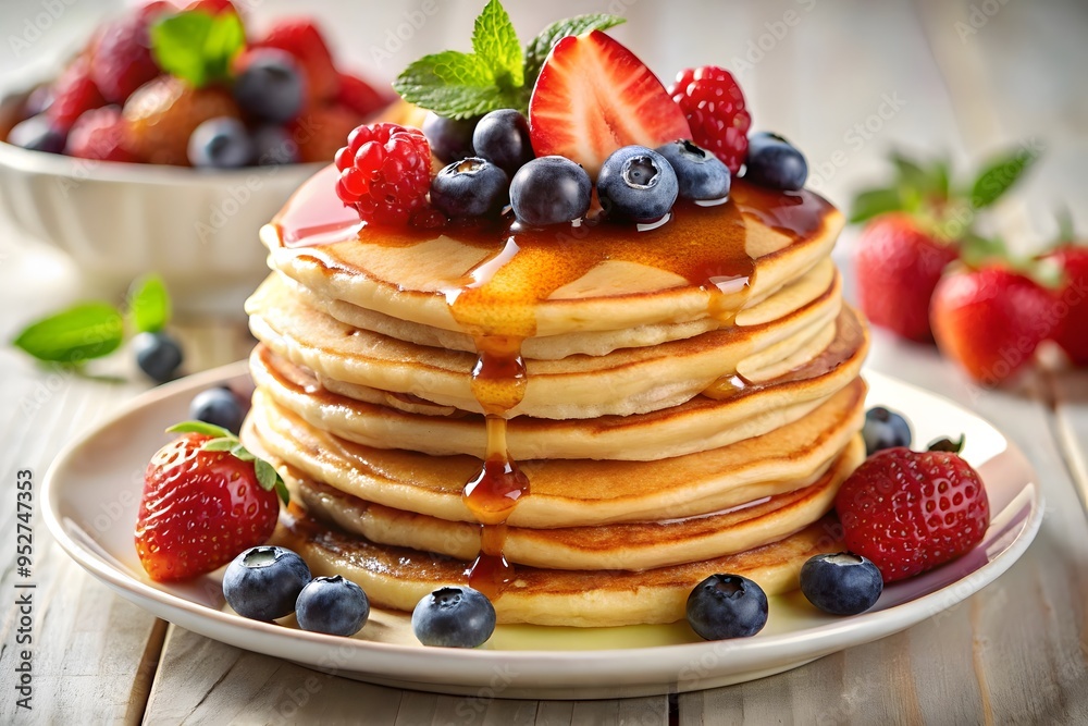 A fluffy stack of pancakes topped with fresh berries and maple syrup A fluffy stack of pancakes topped with fresh berries and maple syrup
