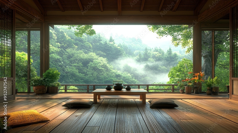 Tranquil Tea Room LowAngle View of Wooden Floor Tea Set and Misty Forest Through Sliding Doors Tatami Tranquil Tea Room LowAngle View of Wooden Floor Tea Set and Misty Forest Through Sliding Doors Tatami