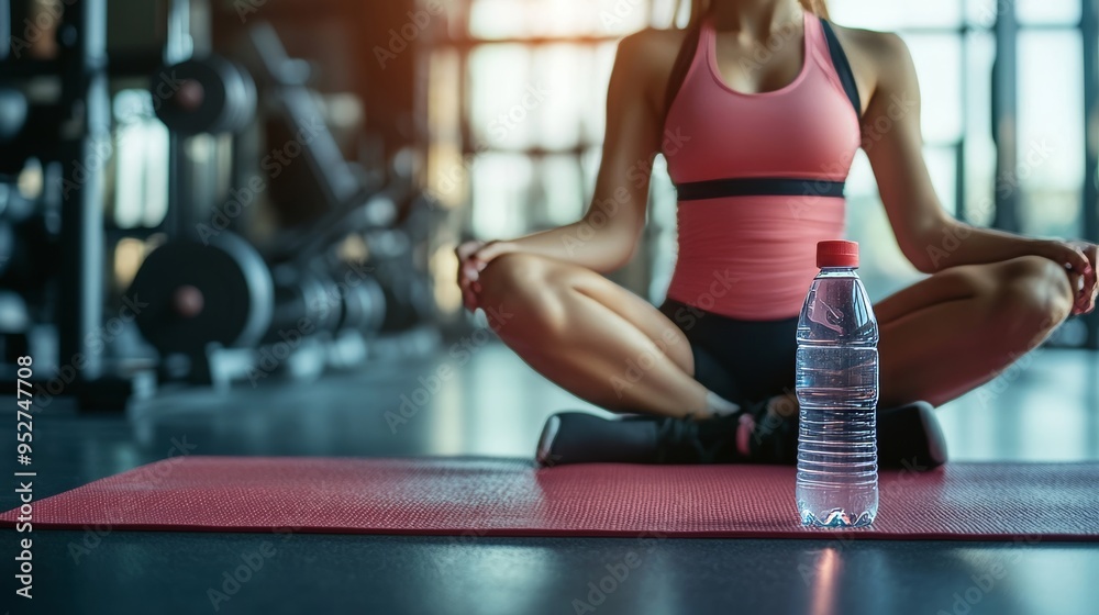 Naklejka premium Resting after gym session with water bottle.